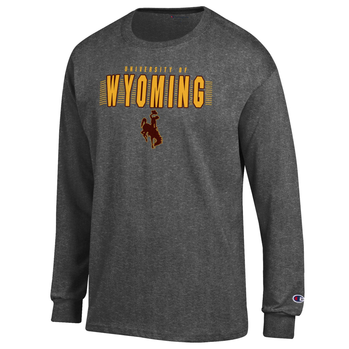 dark grey long sleeve shirt with design center chest. design is gold wyoming lettering with brown outline with small university of above and brown bucking horse below