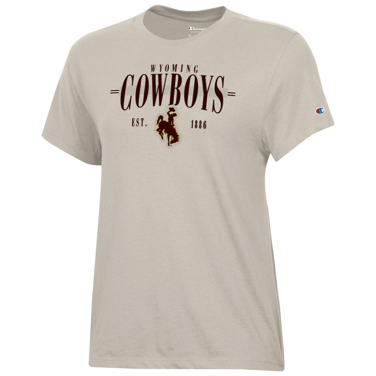 tan tee shirt with brown design center chest. design is small wyoming with big cowboys under and est.1886 with bucking horse below that
