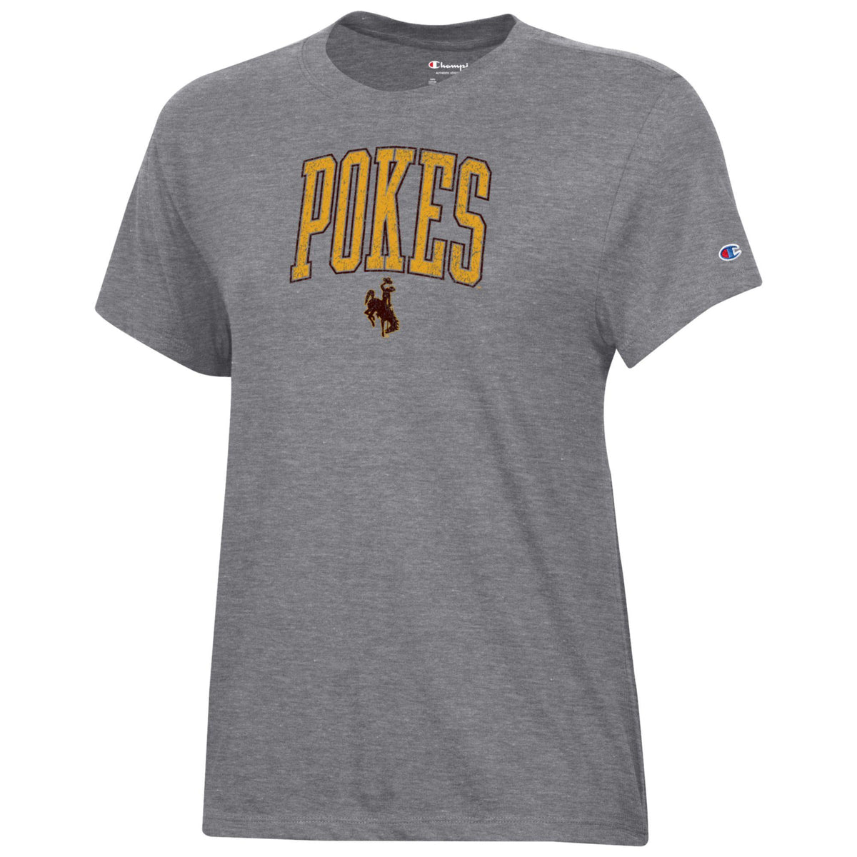 grey short sleeve tee with gold design center chest. design is POKES in gold with brown outline and a small brown bucking horse below