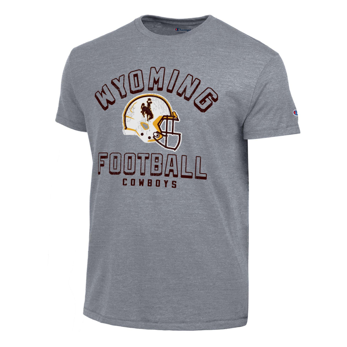 grey champion tee with brown outlined wyoming lettering and white helmet centered with outlined football letering below and small cowboys below that. all centered on chest