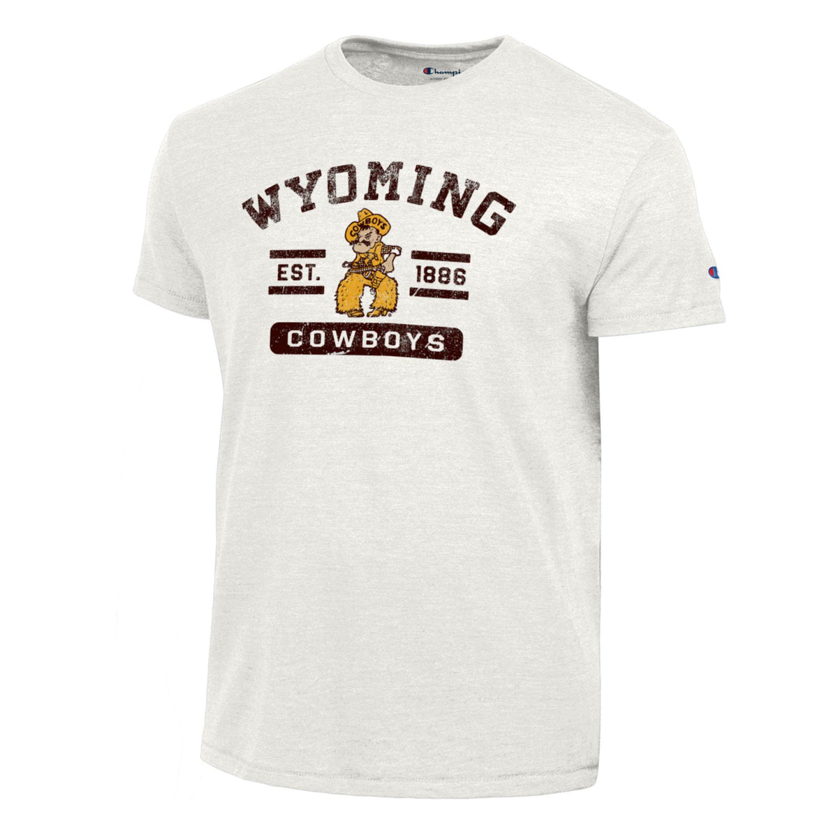 white champion tee with design center chest. design is brown arched wyoming with est. 1886 and pistol pete below and cowboys lettering below that