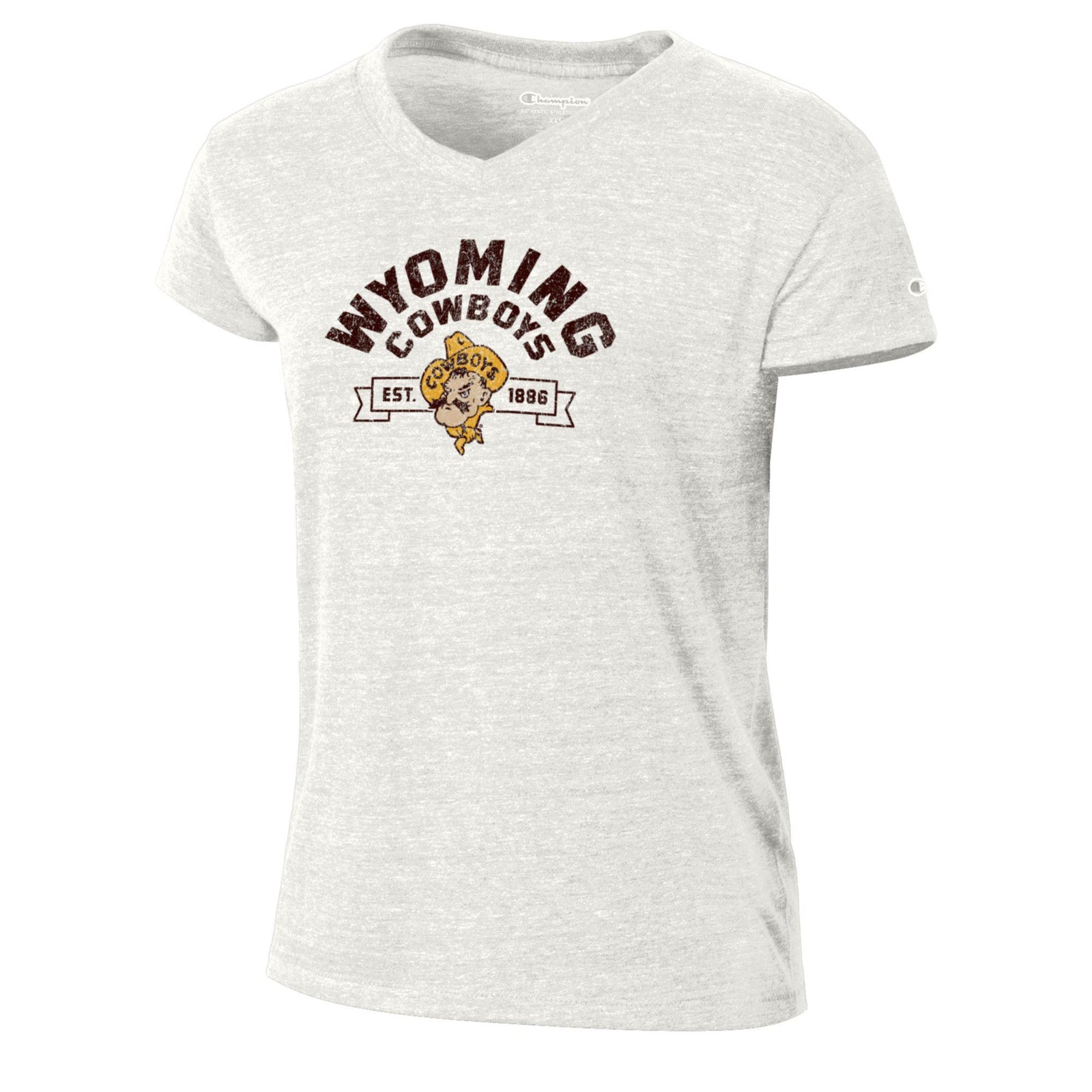 white women's tee with design center chest. design is arched brown wyoming cowboys with gold pistol pete head and est. 1886 in a banner below