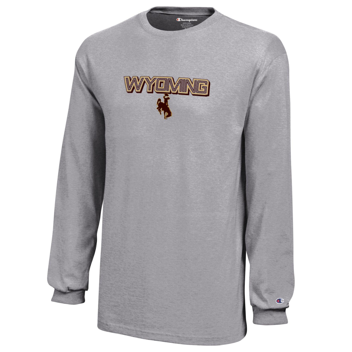 grey long sleeve with design center chest. design is wyoming lettering with gold outline and fill looks like a brown rope. has a brown bucking horse centered below