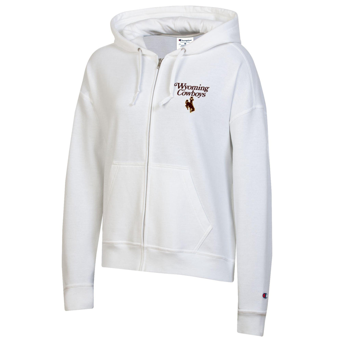 white women's full zip jacket with hood. has small left chest design. design is script wyoming cowboys in brown with brown bucking horse below with gold outline