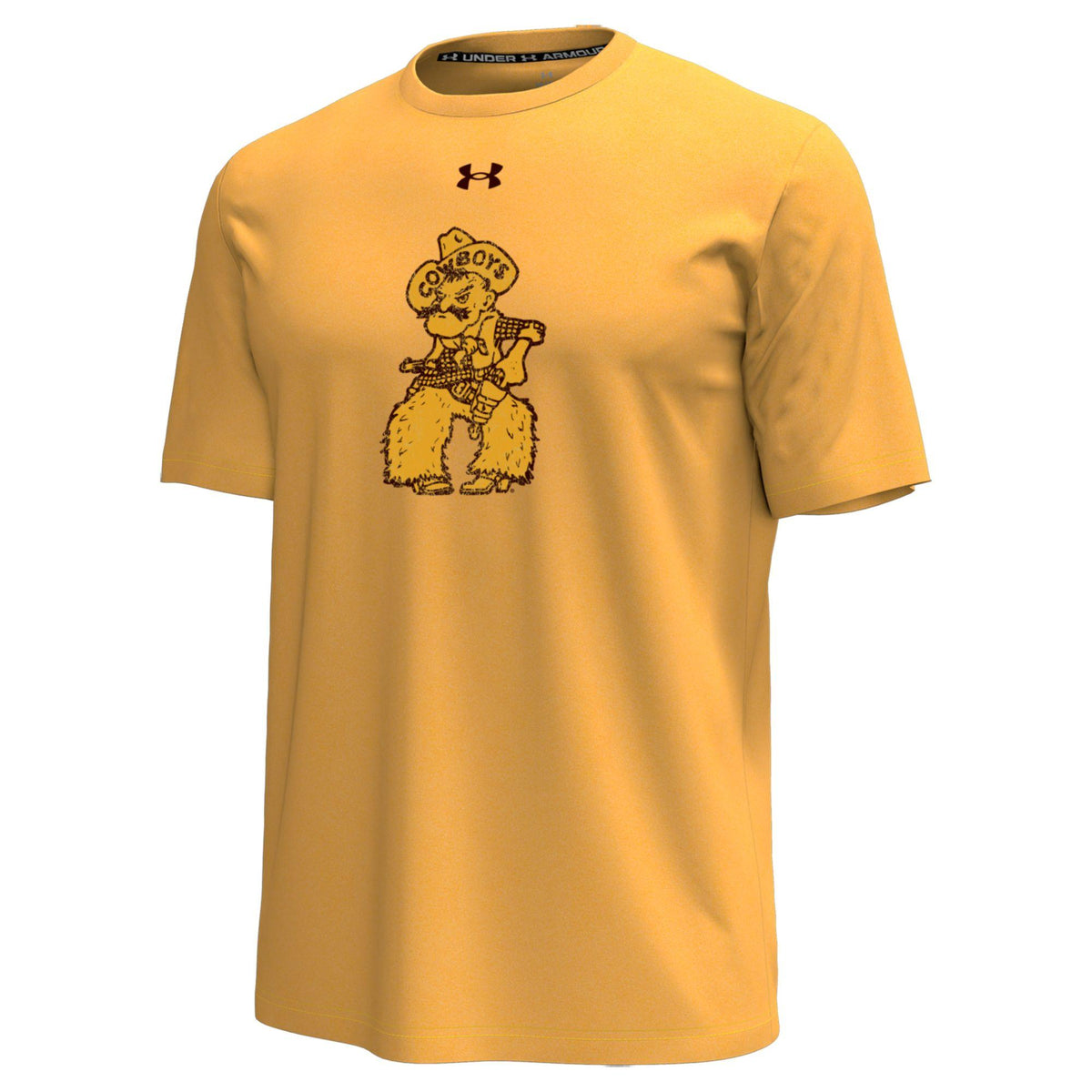 gold under armour tee shirt with design center chest. design is big pistol pete in gold with brown outline