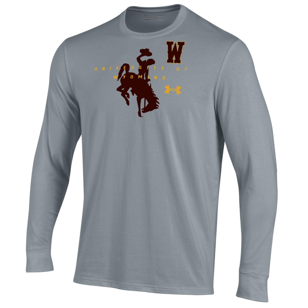 grey under armour long sleeve with big brown bucking horse center chest with gold university of wyoming lettering brought to front. has brown w left chest and gold ua logo below