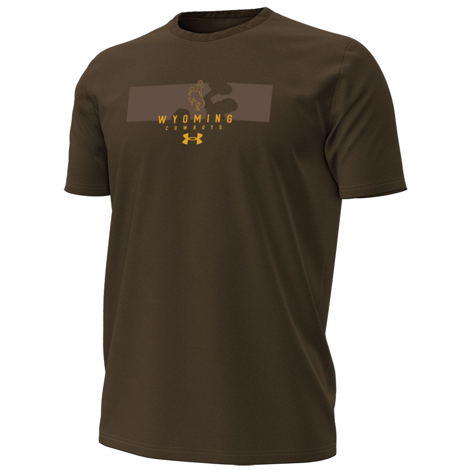 brown under armour tee shirt with design center chest. design is small wyoming above cowboys lettering with gold under armour logo below all