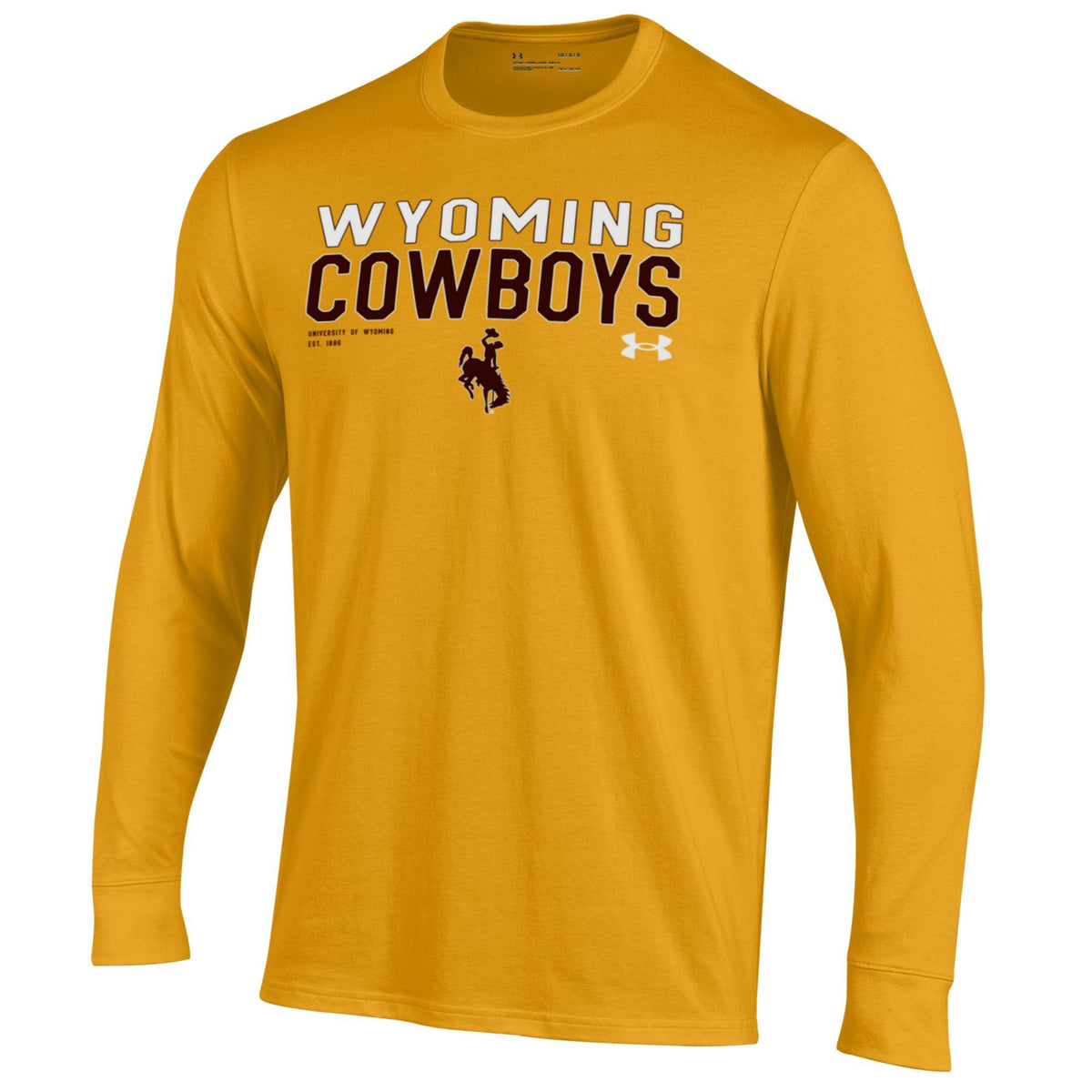 gold under armour long sleeve. design is centered and is white wyoming lettering above brown cowboys with a bucking horse centered below and white under armour logo left centered