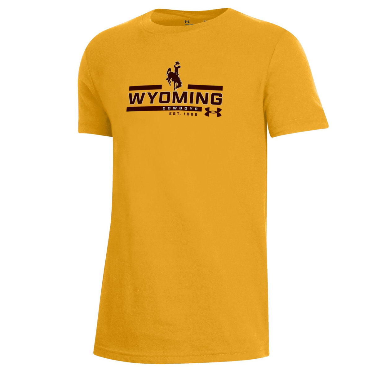 gold youth under armour tee with brown design center chest. design is brown bucking horse above wyoming lettering with cowboys in line underneath