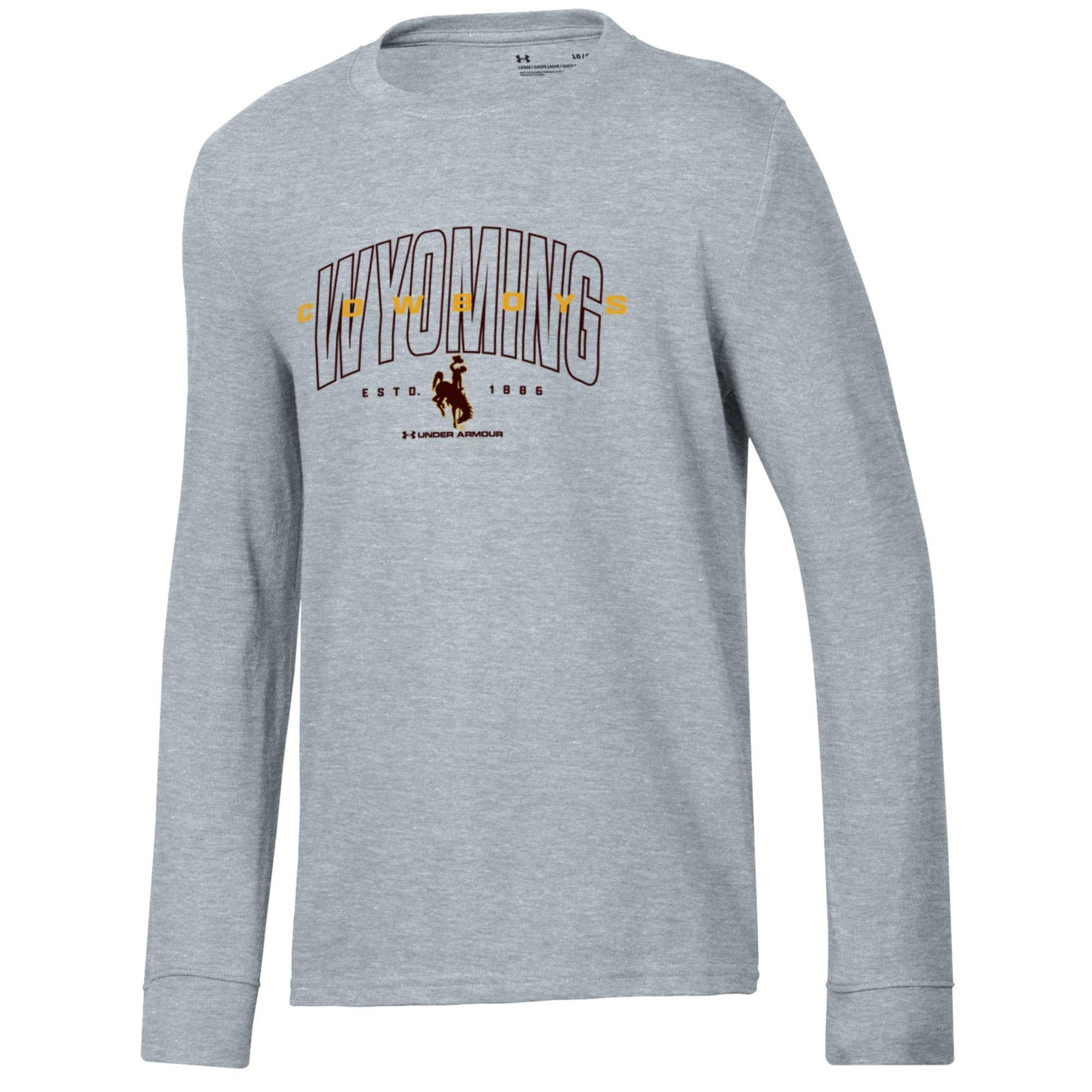 grey long sleeve shirt with design center chest. design is brown outlined wyoming lettering with gold cowboys across it and brown bucking horse below with under armour logo at bottom