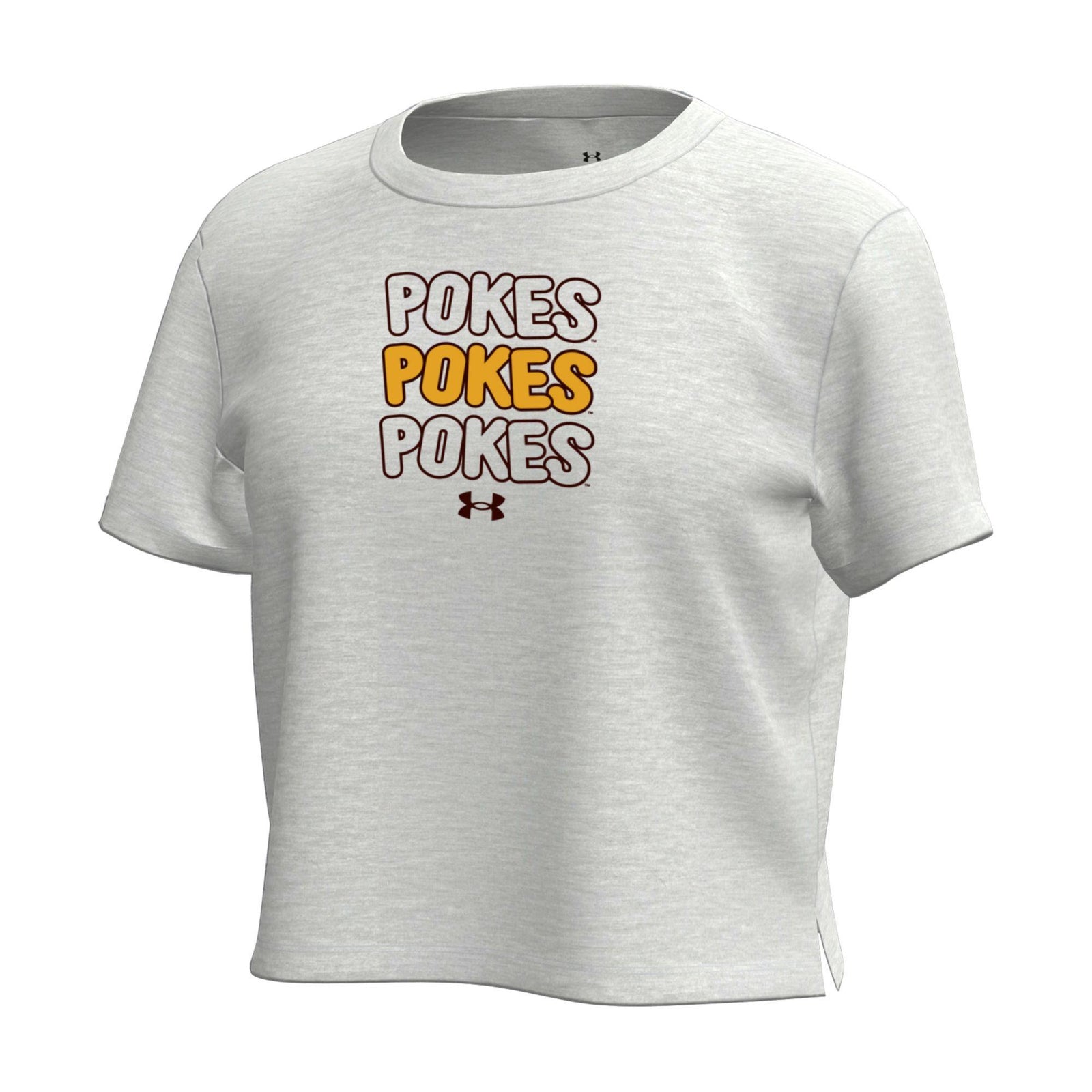 girls white short sleeve tee with brown outlined pokes repeated three times on center chest. middle pokes is gold fill and there is a brown under armour logo below design