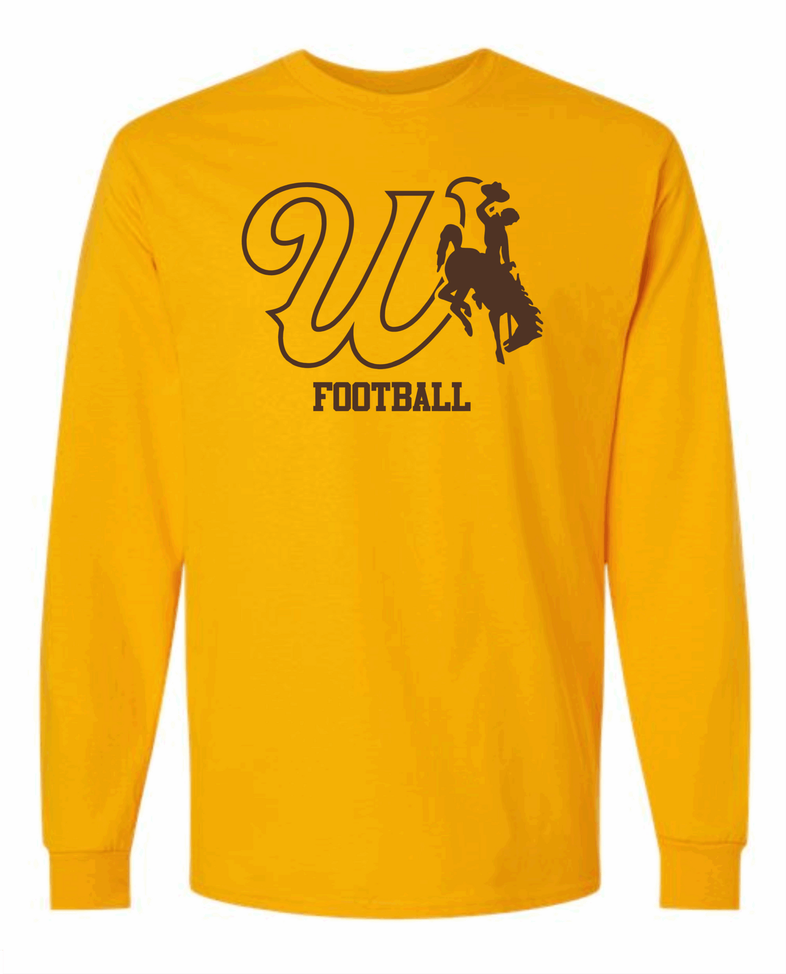 gold long sleeve with brown design center chest. design is cursive w with bucking horse to the left. has football lettering below