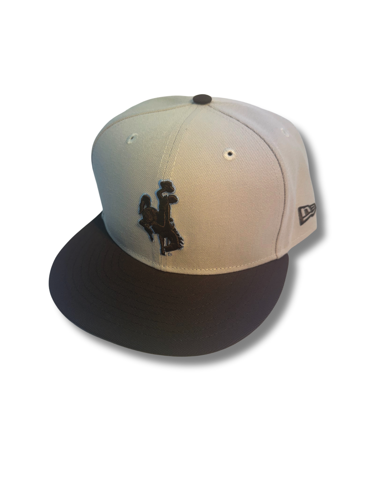 Stone hat with brown flat bill, design is embroidered brown bucking horse with blue outline