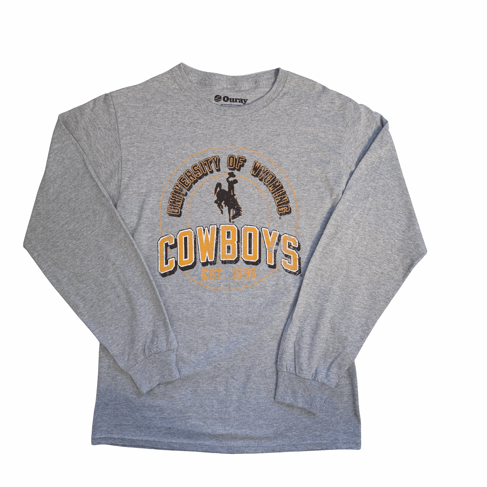 grey long sleeve tee with circle design center chest. circle has university of wyoming lettering arched inside with bucking horse and cowboys lettering below. est 11886 at bottom