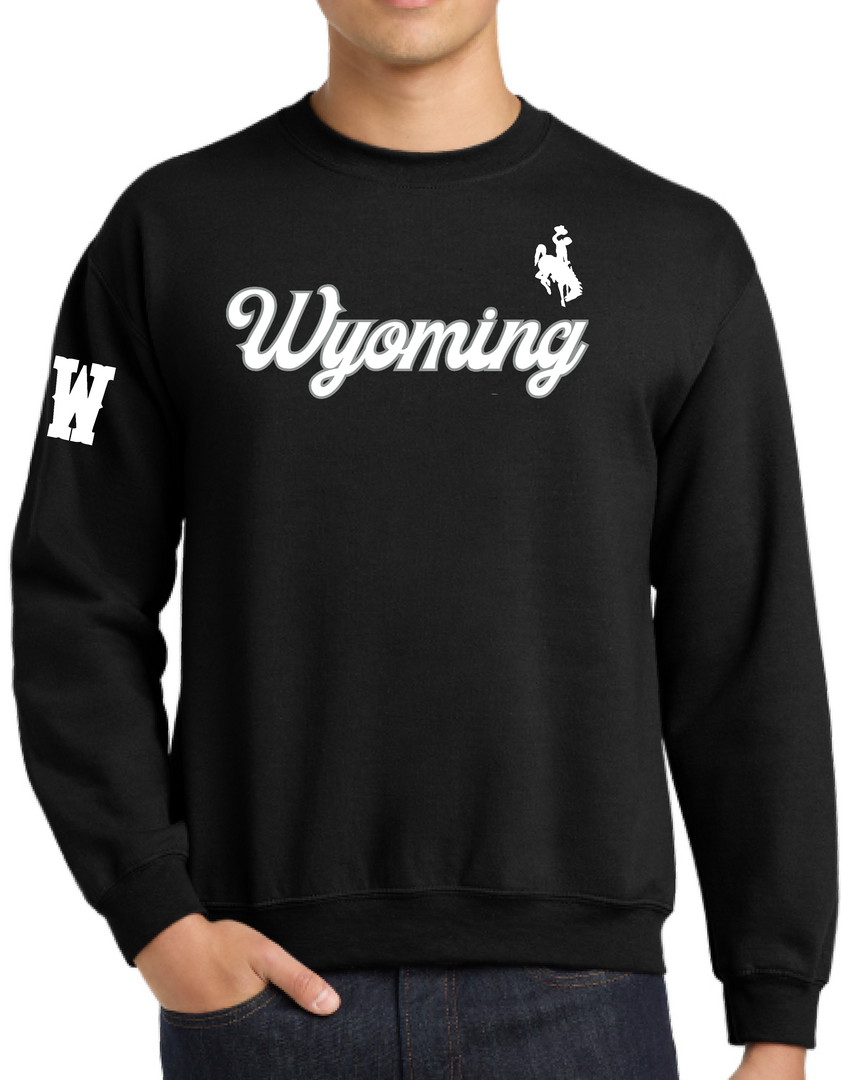 black crewneck with white script wyoming lettering center chest. has white bucking horse left centered above and block w on right bicep
