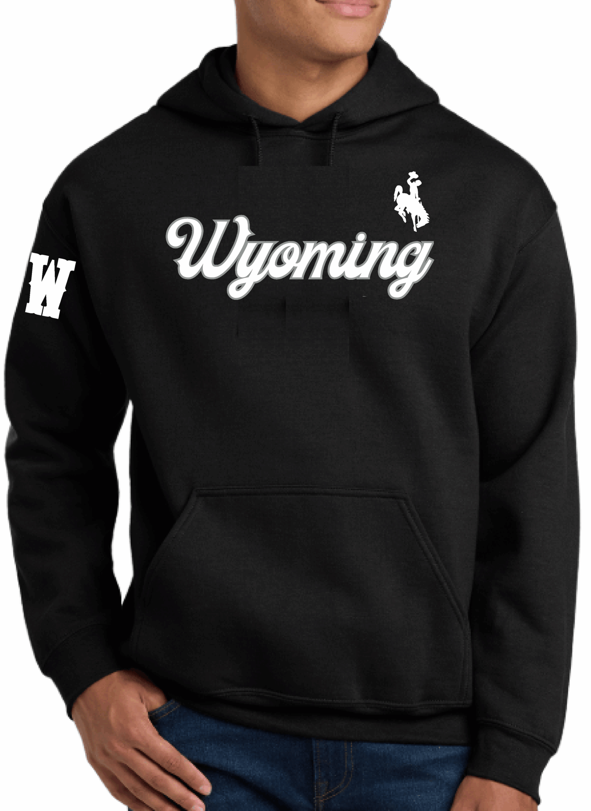 black hooded sweatshirt with white script wyoming lettering center chest. has white bucking horse left centered above and block w on right bicep