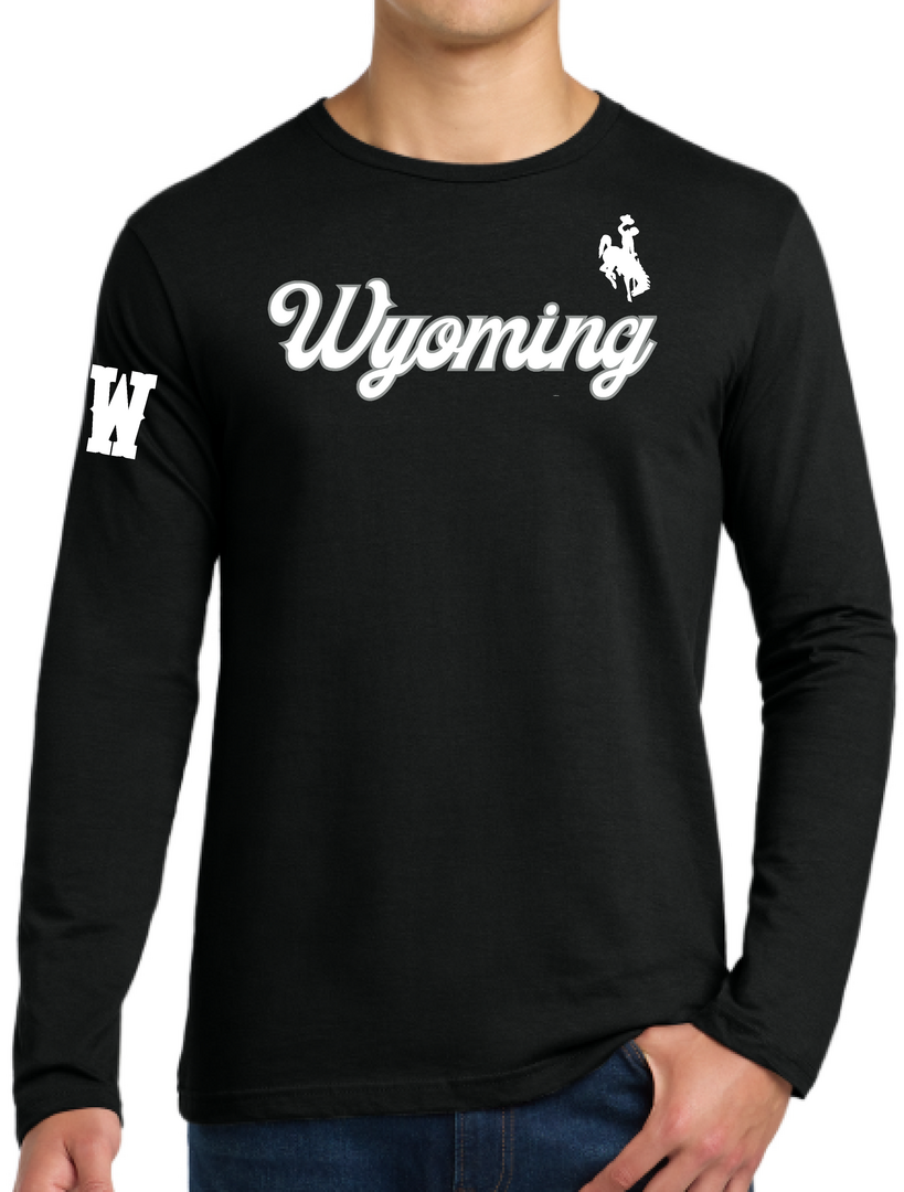black long sleeve with white script wyoming lettering center chest. has white bucking horse left centered above and block w on right bicep