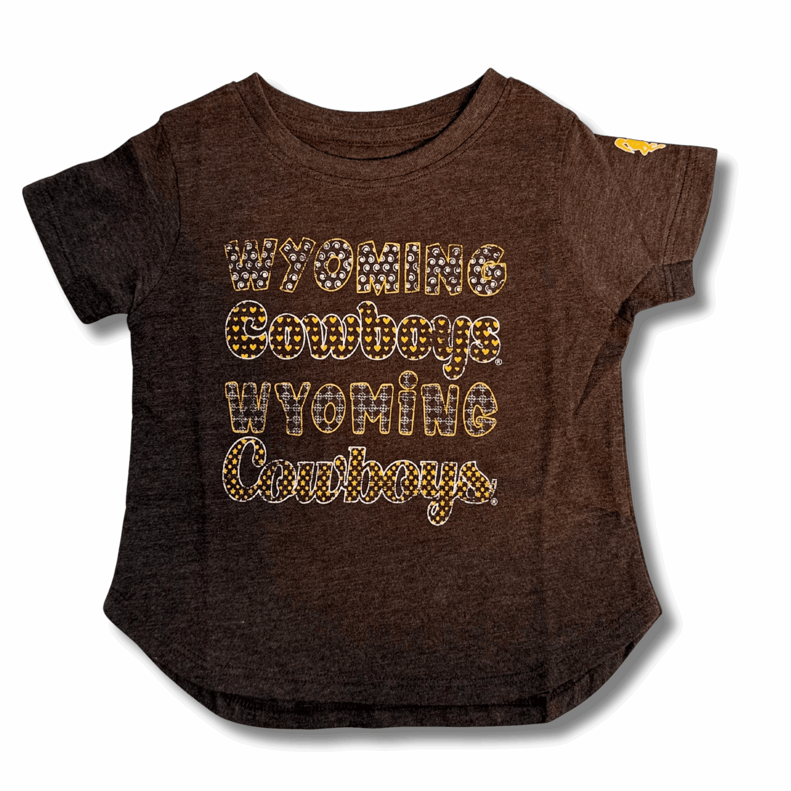 brown toddler shirt with wyoming cowboys lettering with patterns inside repeated twice down the front chest. has gold bucking horse on right sleeve.
