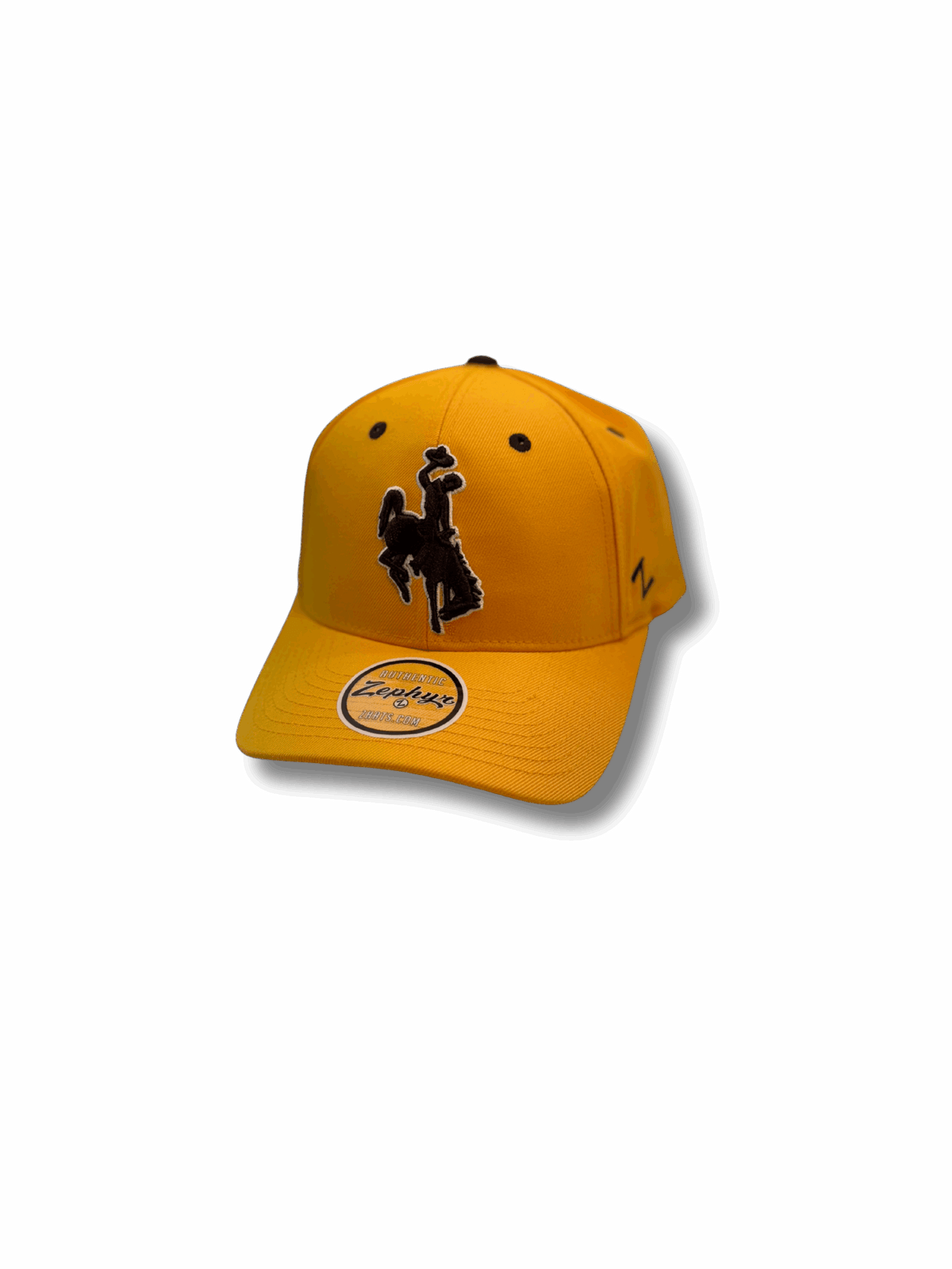 front of gold adjustable hat with brown eyelets and brown embroidered bucking horse outlined in white in front center of hat