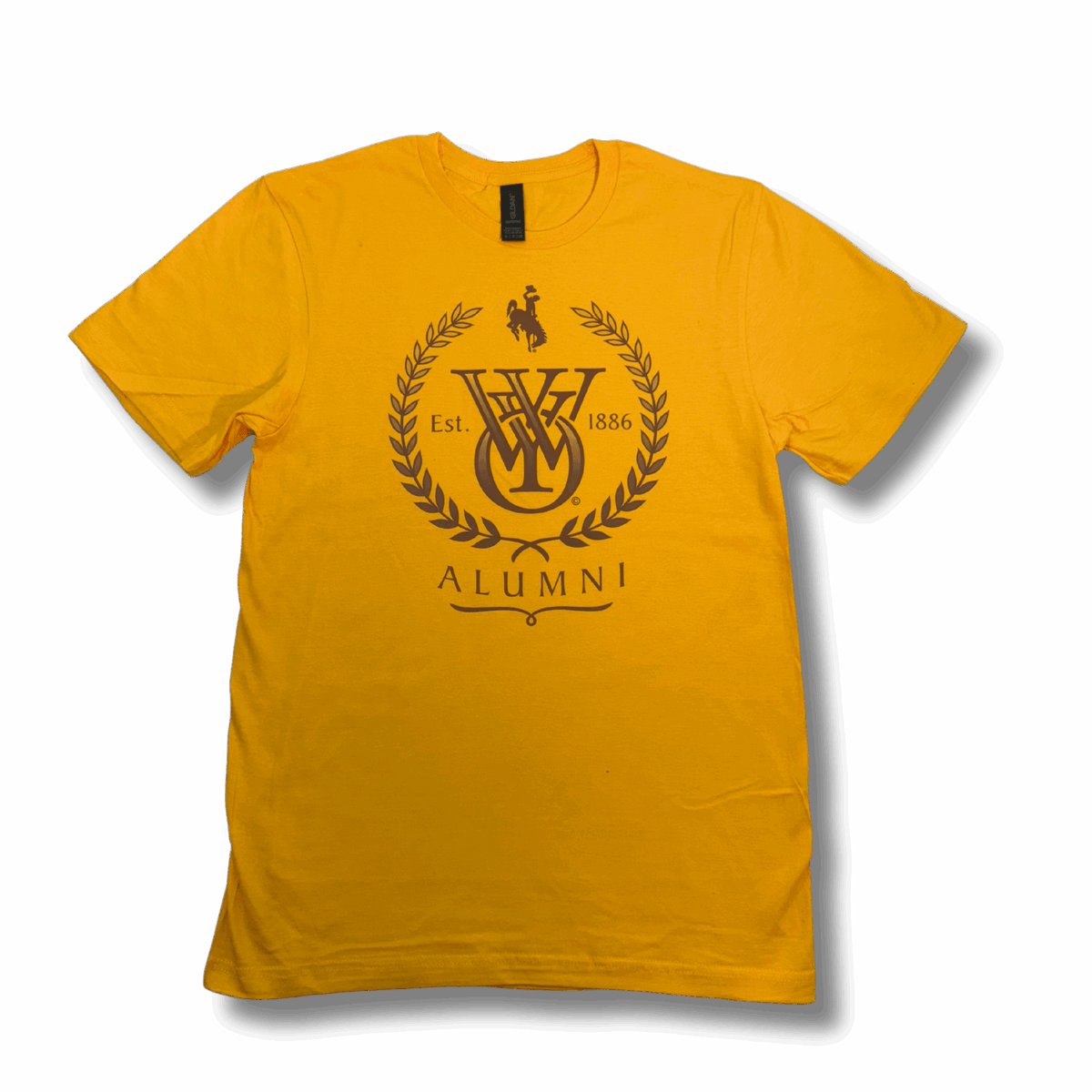 gold short sleeved tee shirt with brown design. design is University of Wyoming logo, laurel wreath, bucking horse, "Est. 1886," and "ALUMNI" text centered on the chest.