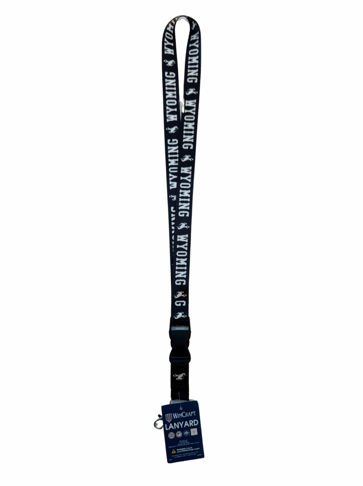 black detachable lanyard with white wyoming and bucking horse repeated on both sides