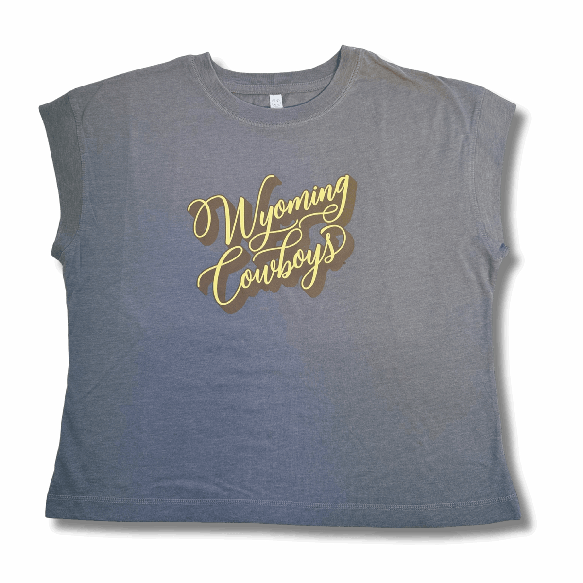 grey women's tee shirt with cropped sleeves. has wyoming cowboys script in gold with brown shadow on center chest