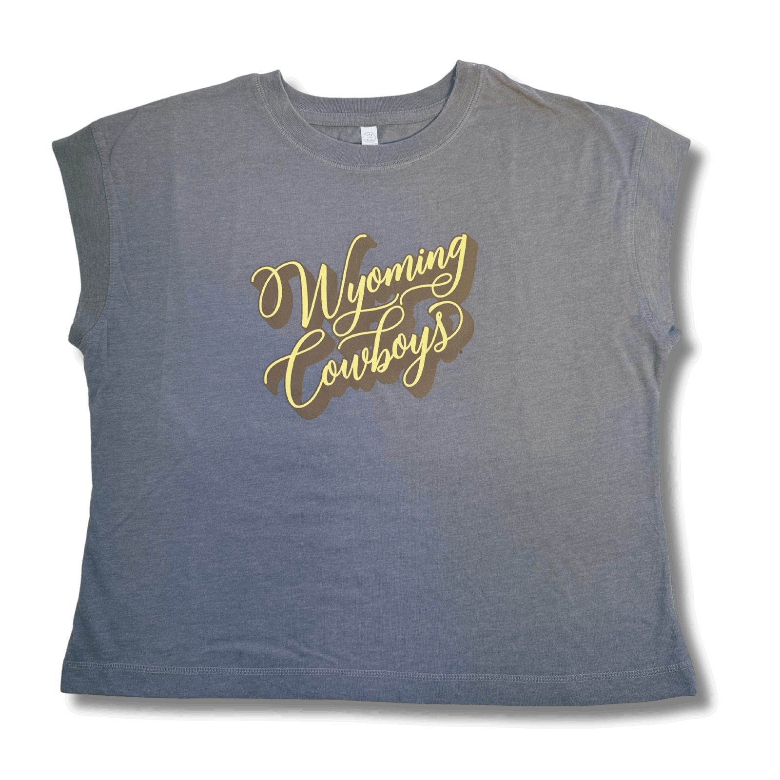 grey women's tee shirt with cropped sleeves. has wyoming cowboys script in gold with brown shadow on center chest