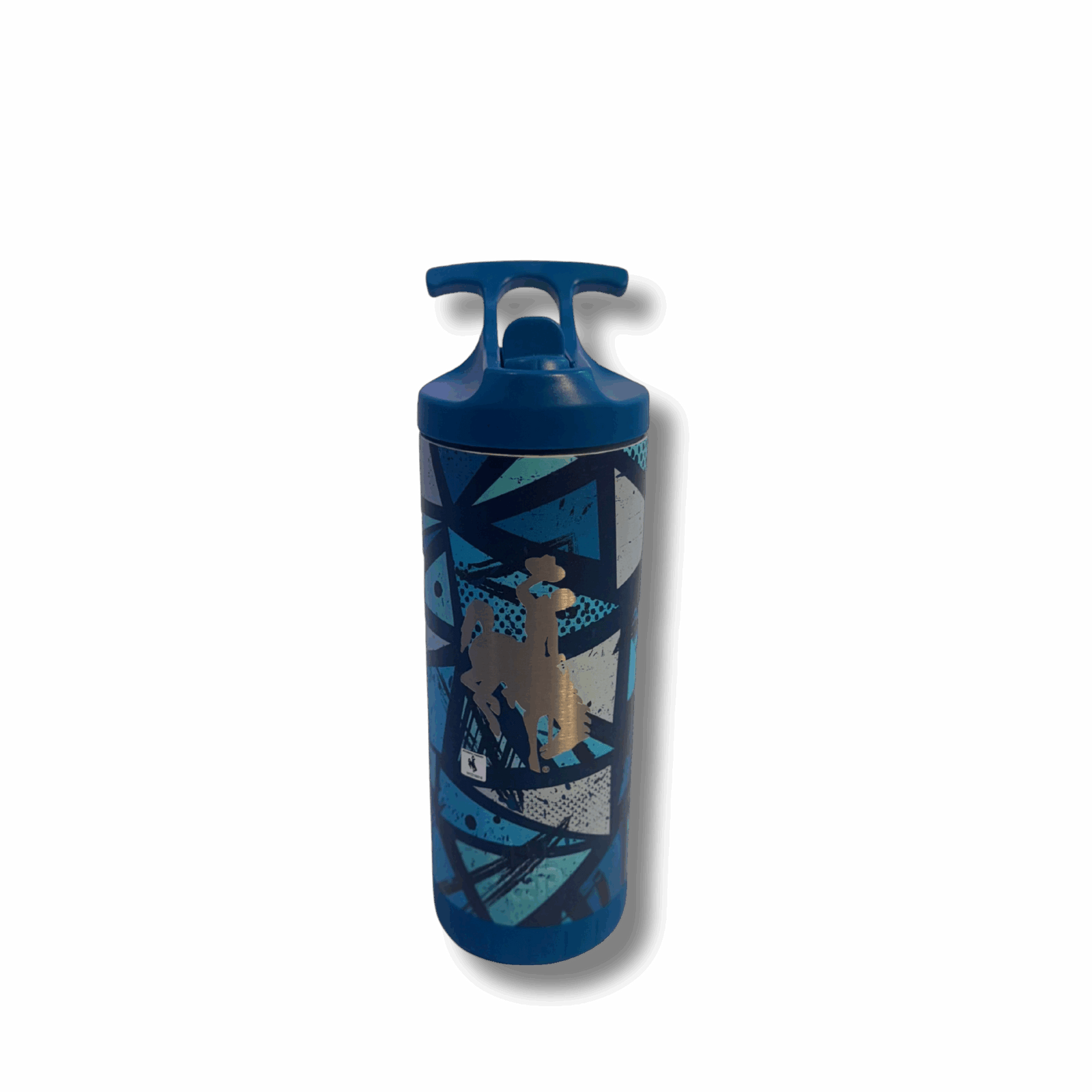 18 oz. waterbottle with blue flip lid and carrying handle. has geometric pattern in grey, light blue and blue all over and bucking horse on the front