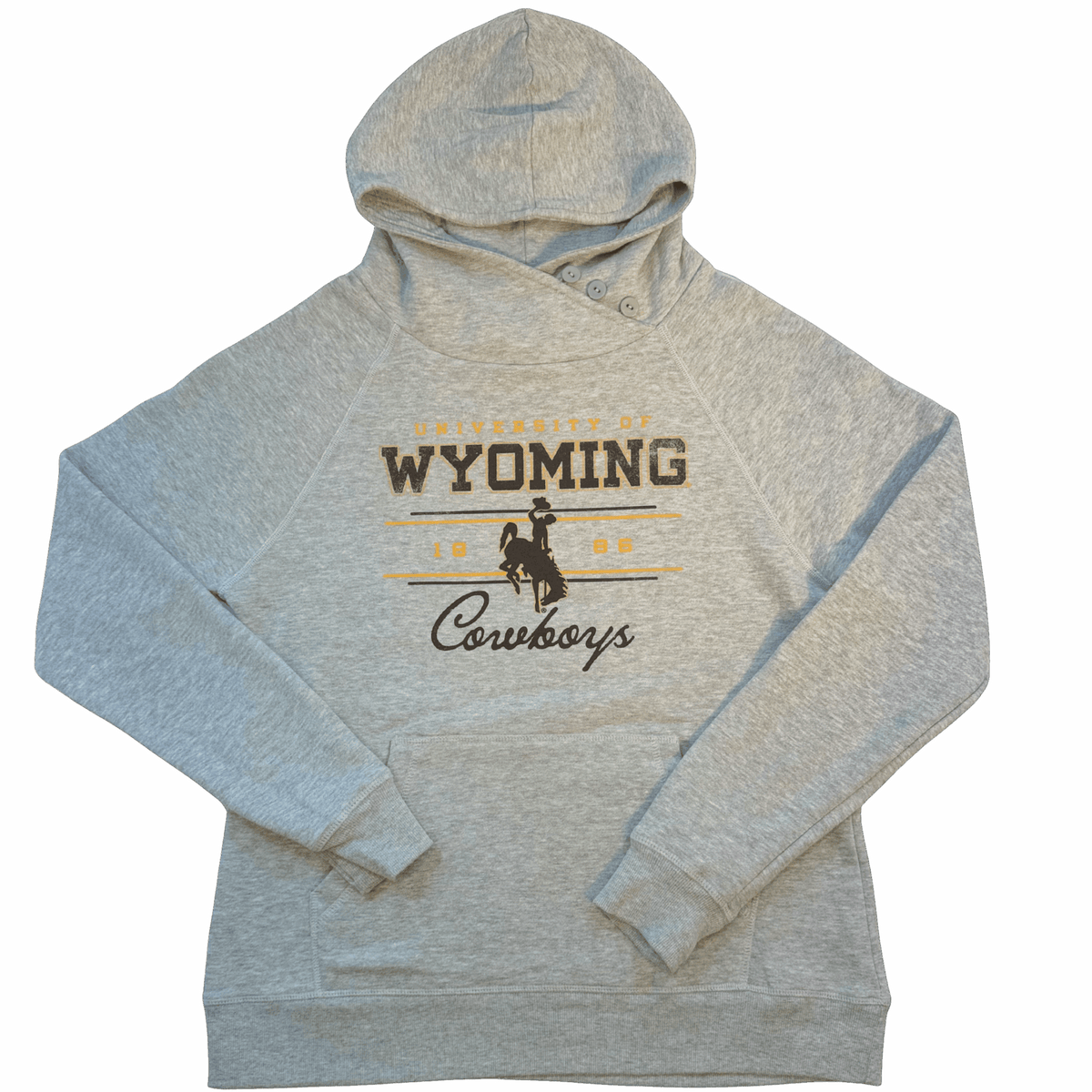 oatmeal women's hooded sweatshirt. has three grey buttons on left side of neck. university of wyoming bucking horse cowboys design center chest in gold and brown