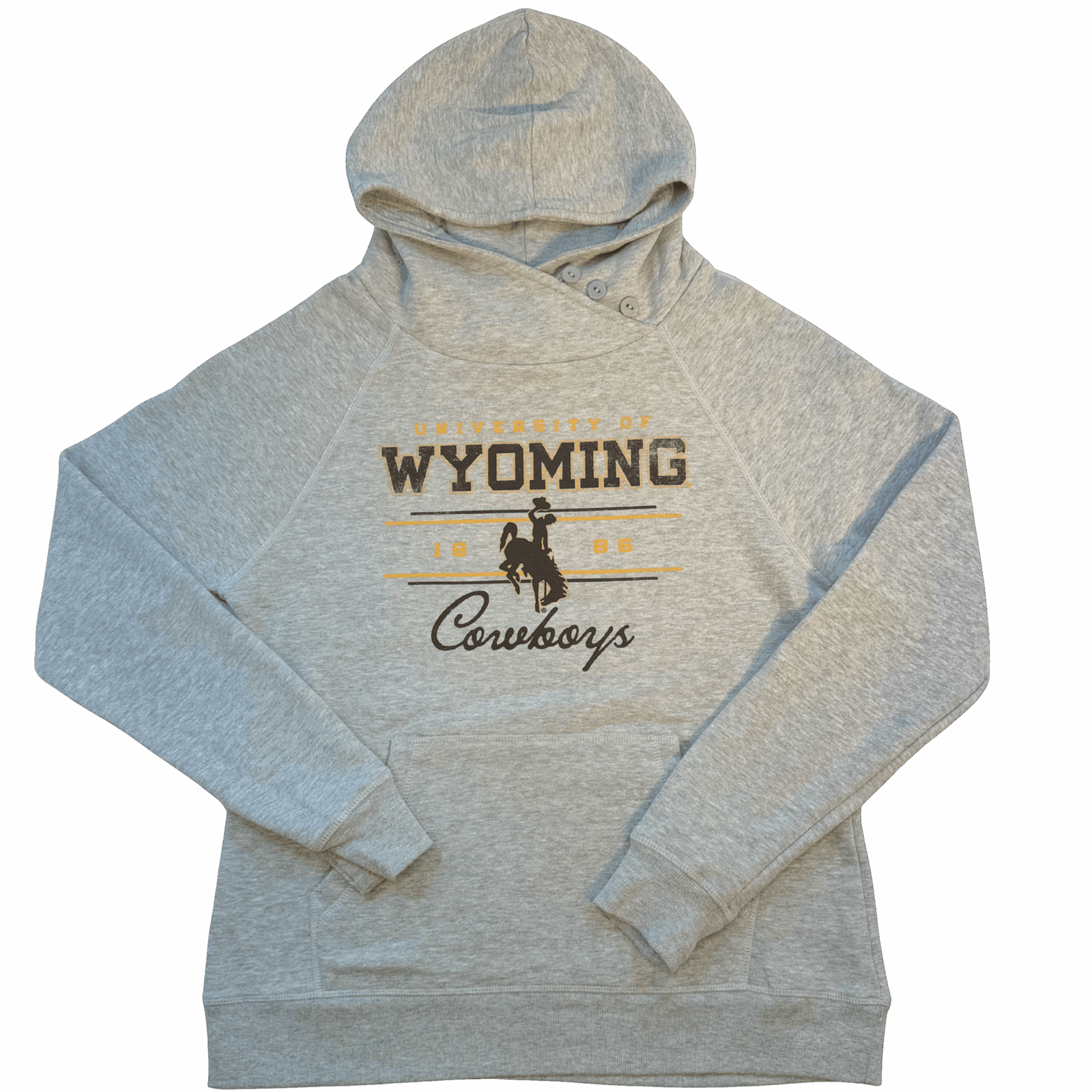oatmeal women's hooded sweatshirt. has three grey buttons on left side of neck. university of wyoming bucking horse cowboys design center chest in gold and brown