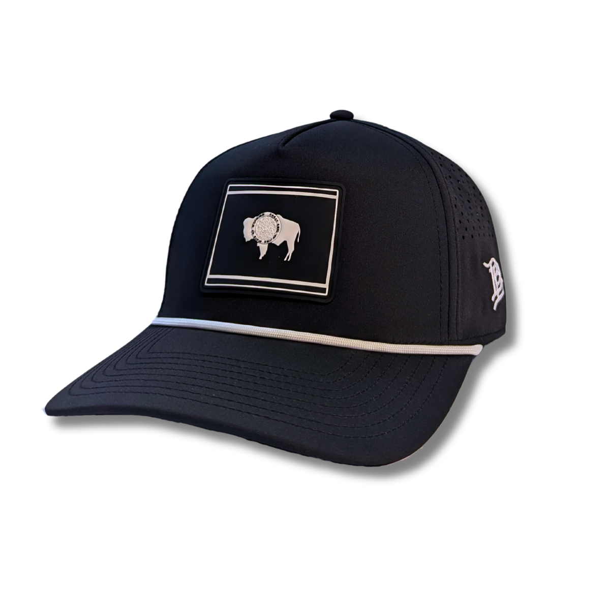black adjustable hat. Patch on front of state flag in black and white. paracord rope detail on bill