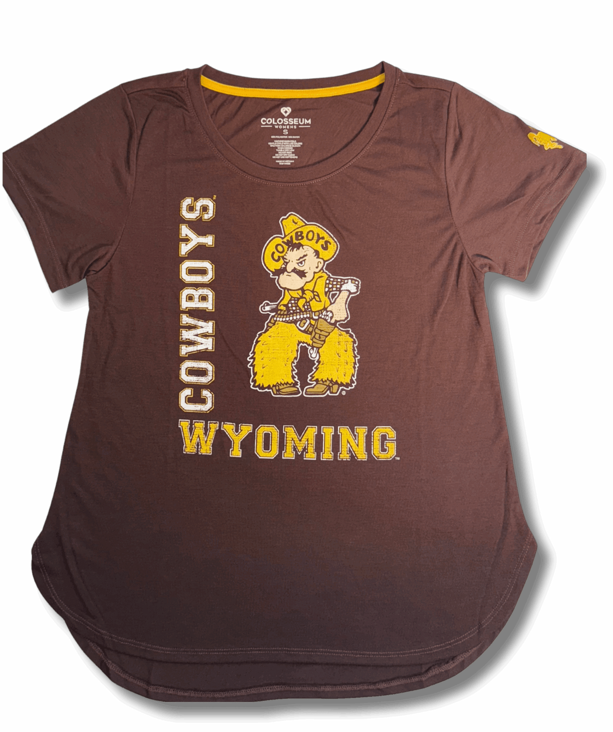 brown women's tee with design center chest. design is pistol pete with cowboys lettering on right and wyoming lettering below. has brown bucking horse on left sleeve