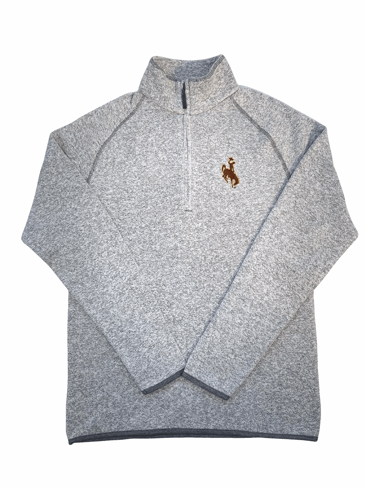 grey speckled quarter zip with zipper. has high neck. has brown bucking horse embroidered on left chest with gold outline
