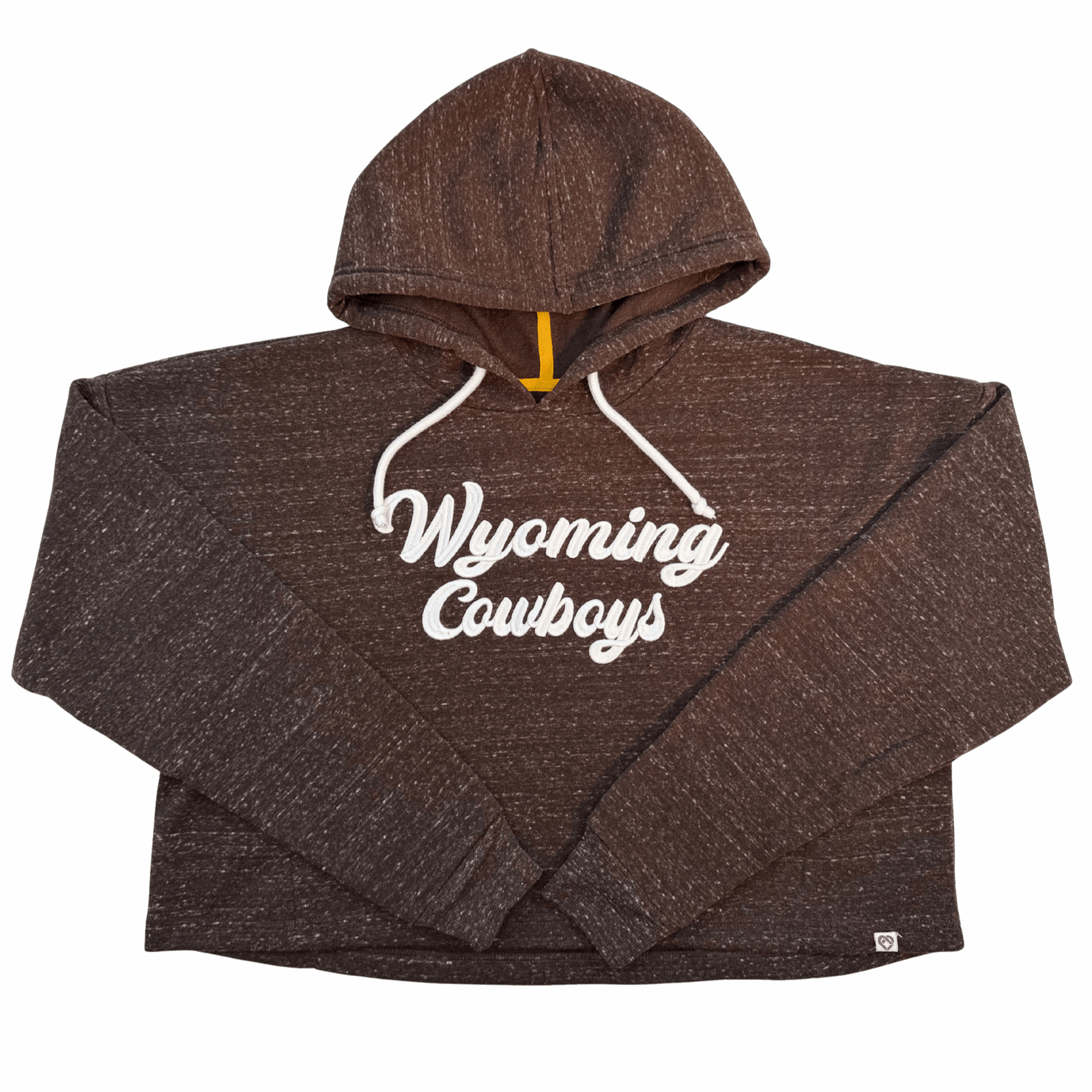 womens brown cropped hooded sweatshirt with white speckles all over it. has white script wyoming cowboys embroidered center chest and has two white strings attached to hood