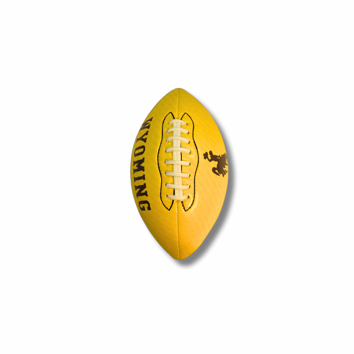 gold mini glossy football with brown bucking horse on one side of laces and brown wyoming lettering on other side. laces are white