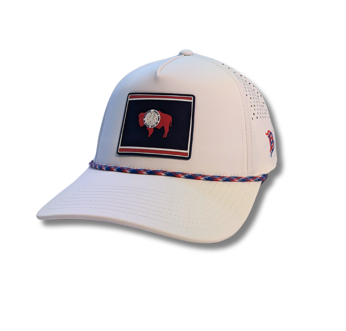 white adjustable hat. Patch on front of state flag in red, white and blue. paracord rope detail on bill