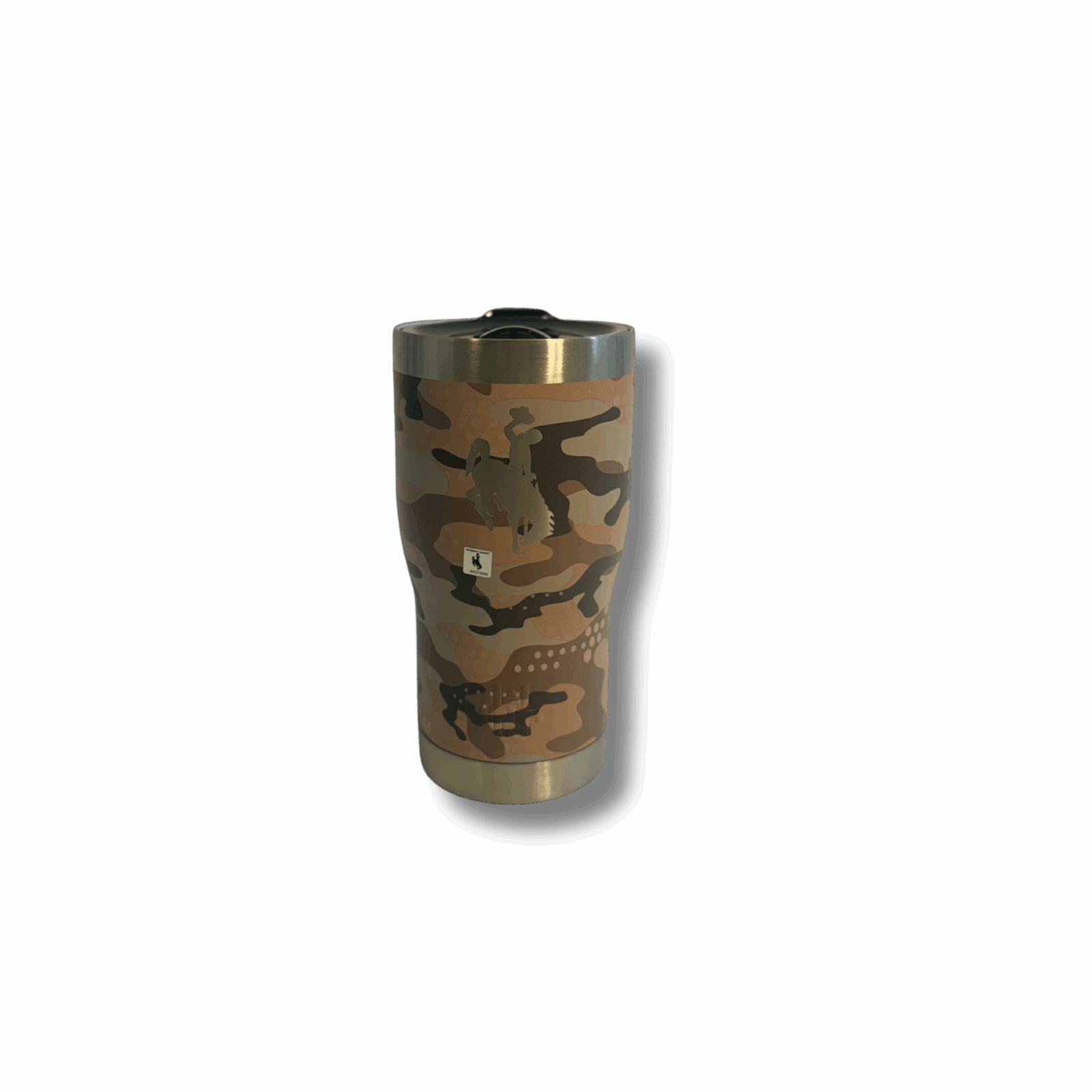 camo 20oz insulated tumbler. has flip lid on top with a etched bucking horse on the side.