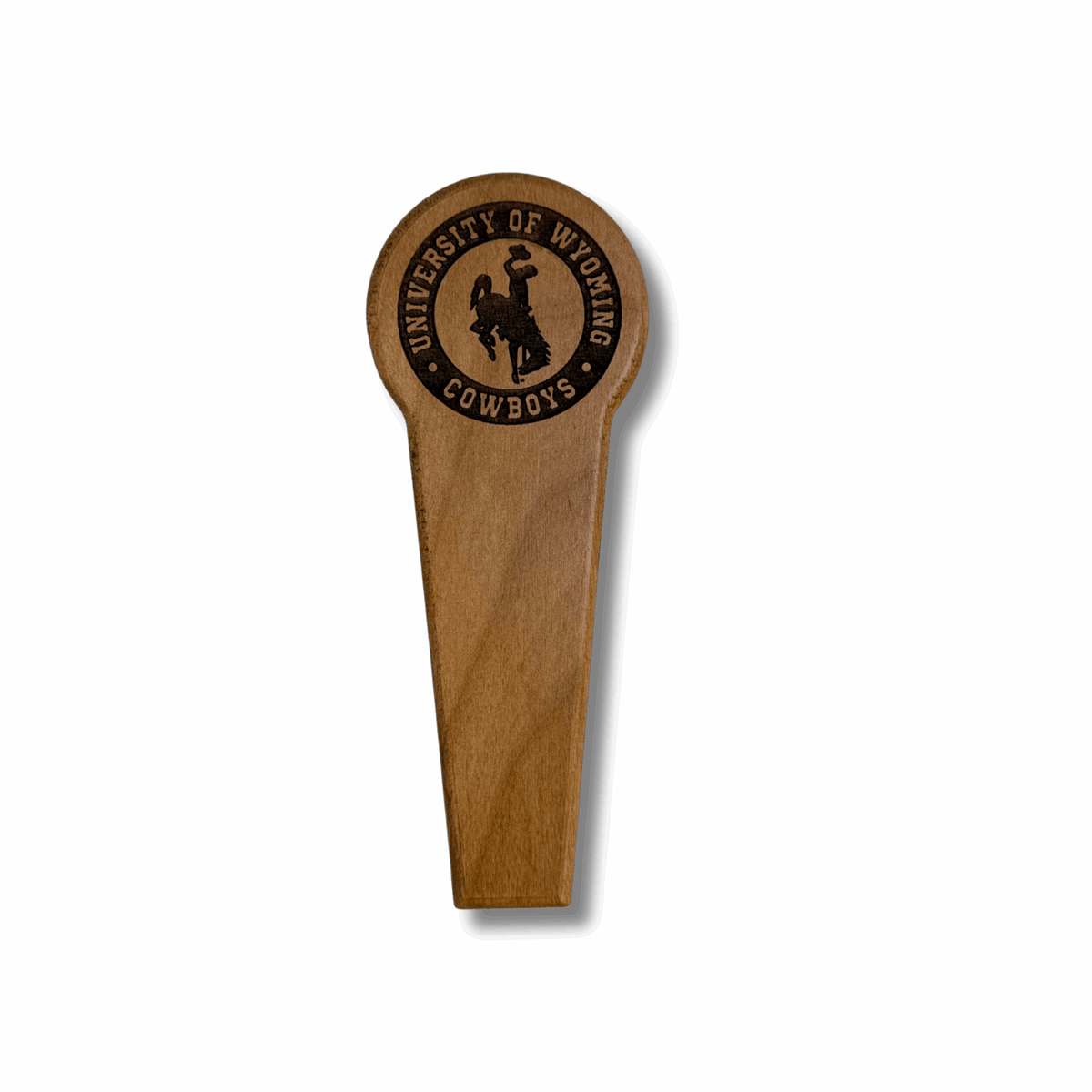 front of wooden bottle opener. has etched university of wyoming with bucking horse below and cowboys below that all in a circle design on the opener