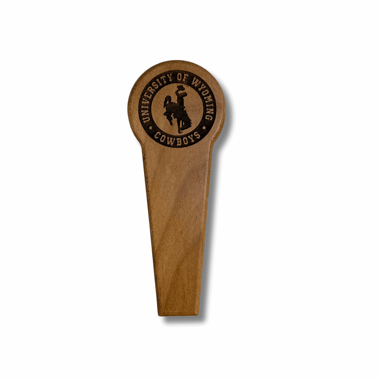front of wooden bottle opener. has etched university of wyoming with bucking horse below and cowboys below that all in a circle design on the opener