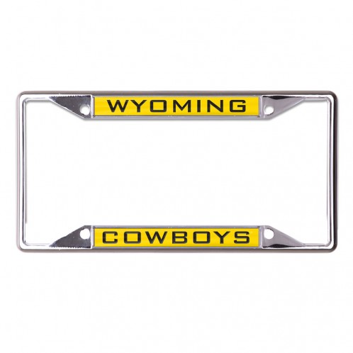 metal license plate cover with design on top and bottom of frame with gold background and brown lettering. Word Wyoming on top, and Cowboys on bottom