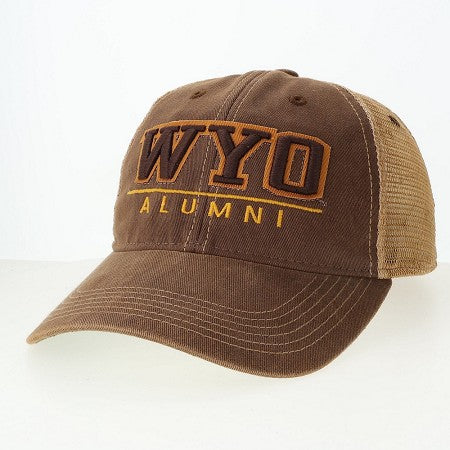 Brown cap with 'WYO ALUMNI' text in brown and gold on front panel