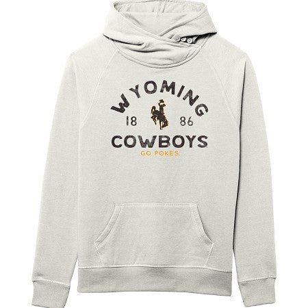 Oatmeal hoodie with 'Wyoming Cowboys' text and bucking horse logo on center chest in brown 