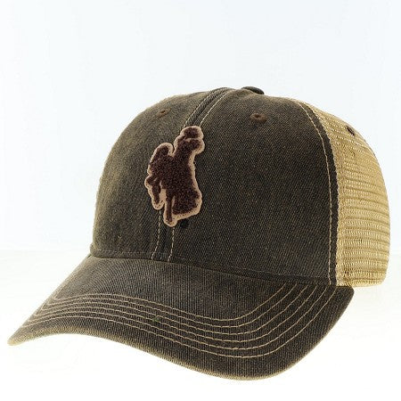 black hat with khaki mesh back. has brown bucking horse chenille patch on front panel.