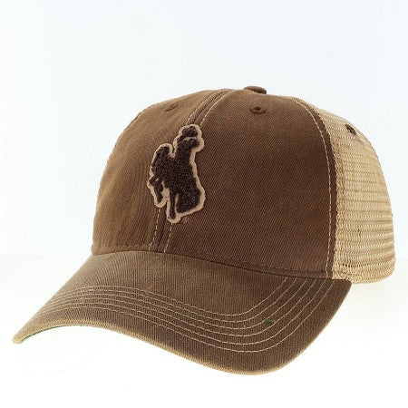 brown hat with khaki mesh back. has brown chenille felt patch on front center of hat.