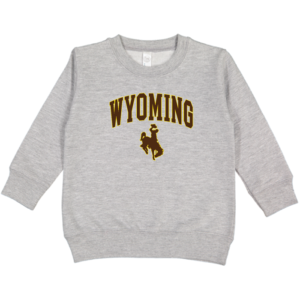 grey toddler crewneck sweatshirt with design on front, design is Wyoming arced, with bucking horse below both printed in brown with gold outline