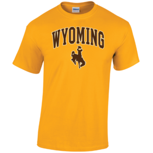 gold short sleeved tee with design on front, design is word Wyoming arced, with bucking horse below printed in brown with white outline