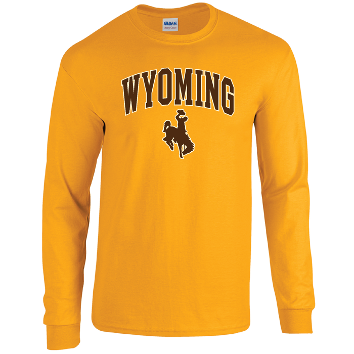gold long sleeved tee with design on front, design is the word Wyoming arced, with bucking horse below printed in brown with white outline