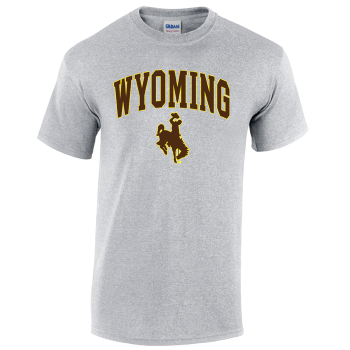 grey short sleeved t-shirt with design on front, design is word Wyoming arced, with bucking horse below, both printed in brown with gold outline