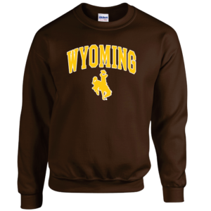 brown crewneck sweatshirt with design on front, design is word Wyoming arced, with bucking horse below, printed in gold with white outline