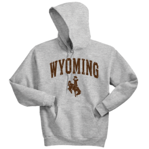 ash colored hooded sweatshirt with distressed design on front, design is the word Wyoming, arced, with bucking horse below printed in brown